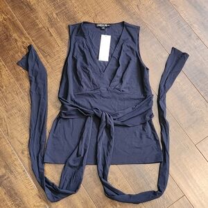 LaFayette 148 Sleeveless Navy Blue Wrap Tie Top Blouse Career Size M New $268